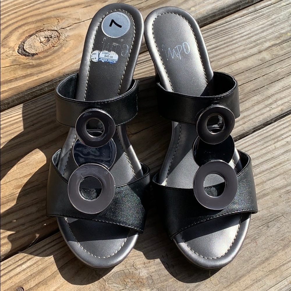 Impo size 7 silver and black wedge sandals